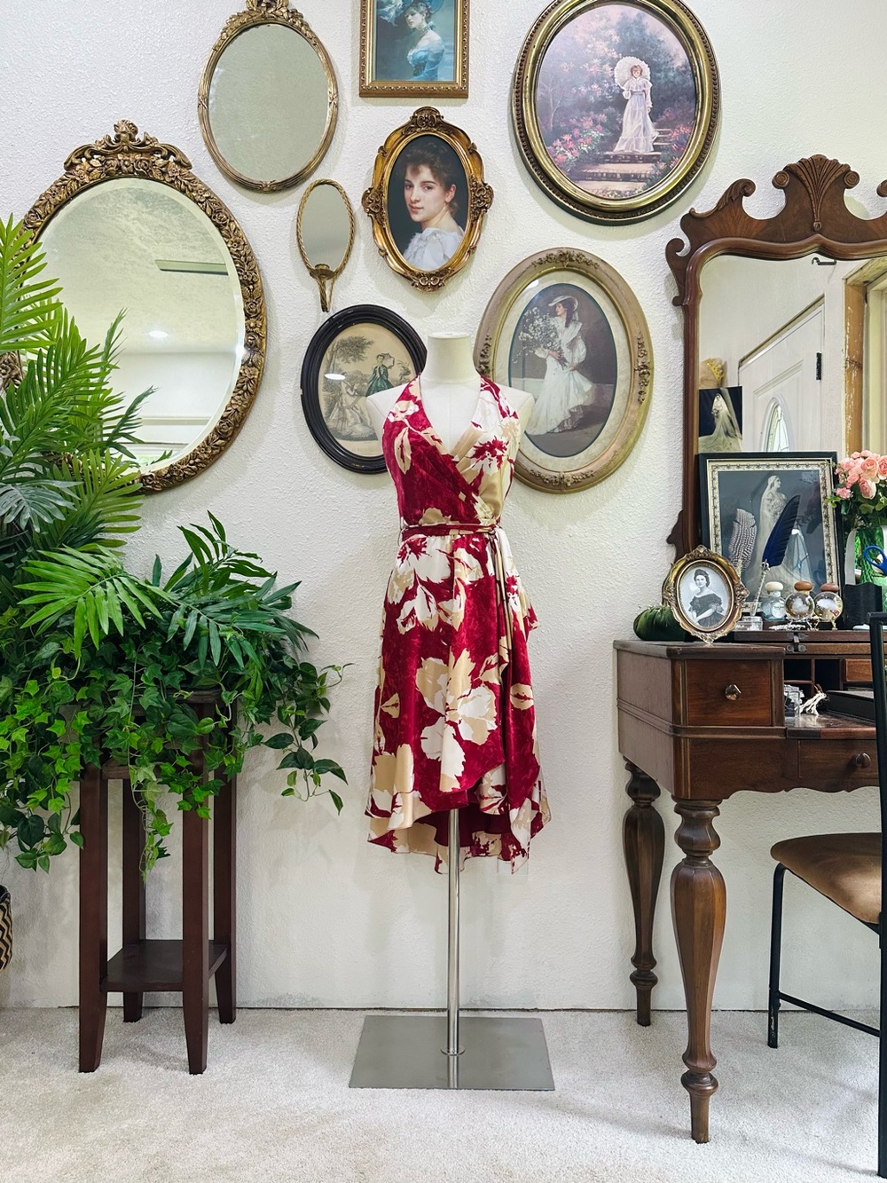 BCBGMaxAzria Red and Cream Floral Wrap Midi Dress